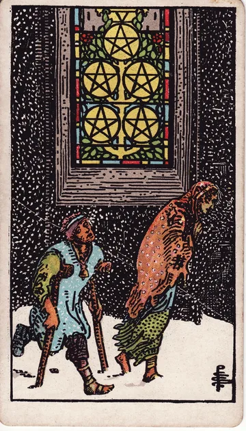 Cinco de Oros — carta del tarot Rider-Waite