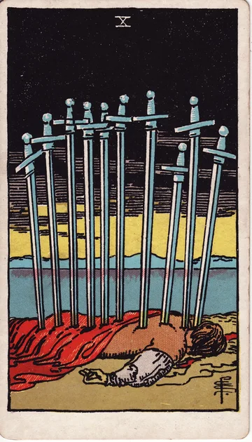 Diez de Espadas — carta del tarot Rider-Waite