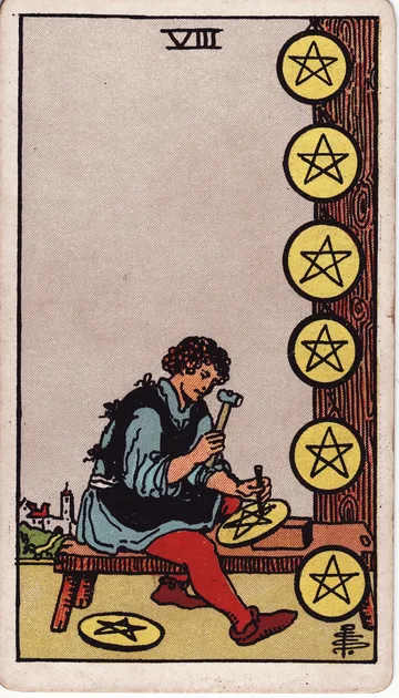 Ocho de Oros — carta del tarot Rider-Waite