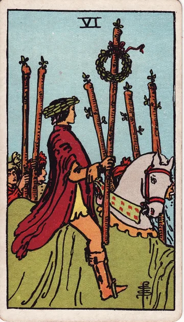 Seis de Bastos — carta del tarot Rider-Waite