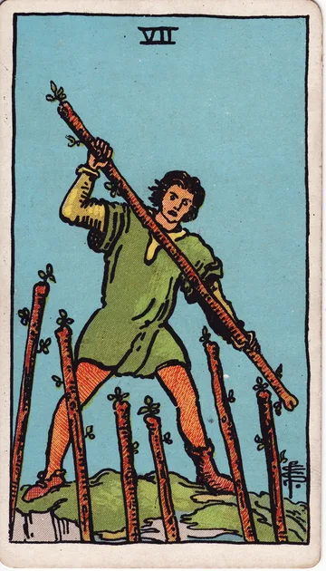 Siete de Bastos — carta del tarot Rider-Waite