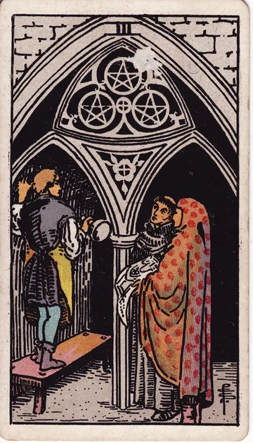Tres de Oros — carta del tarot Rider-Waite